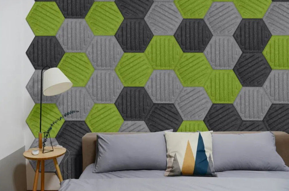 HEXA RIFT 3D Acoustic Felt Wall Panels in bedroom interior GREY Multipack Decormania UK